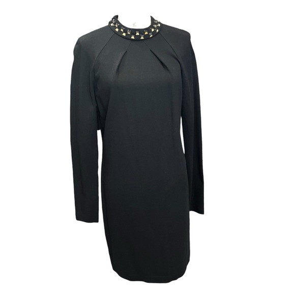 Trina Turk Black Studded Neck Long Sleeve Sheath Dress Size 8 - Picture 2 of 11